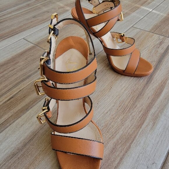 Christian Louboutin Funky 120 Tan Leather Gladiator Sandal Strap Shoes Eur. 37.5 - Picture 11 of 15
